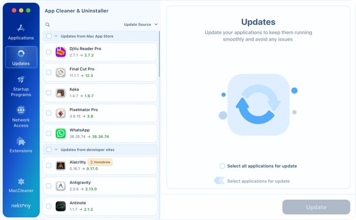 Select apps to update Updates tab in App Cleaner & Uninstaller with available updates grouped by Mac App Store and developer sites