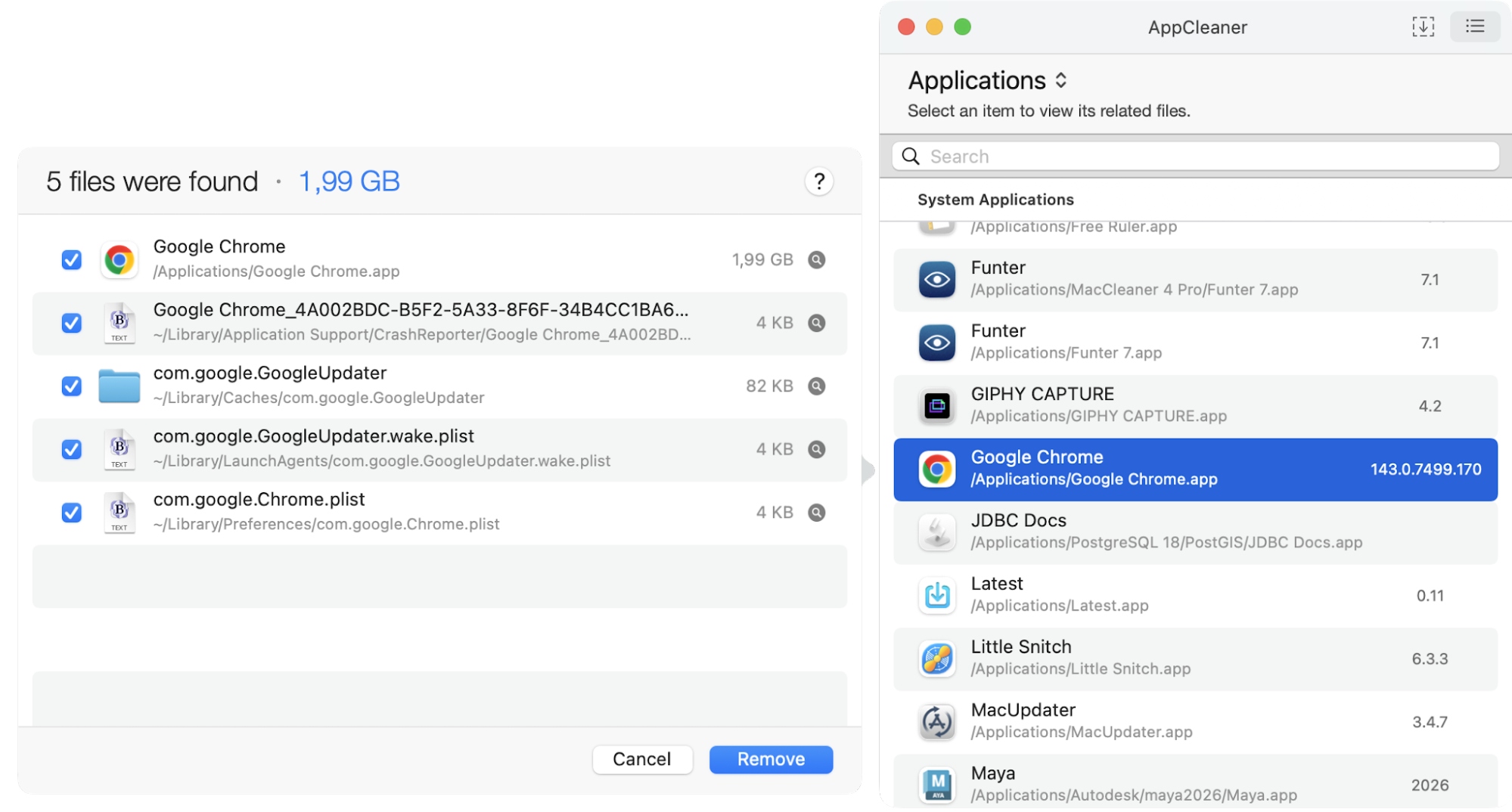 AppCleaner showing related files found for Google Chrome