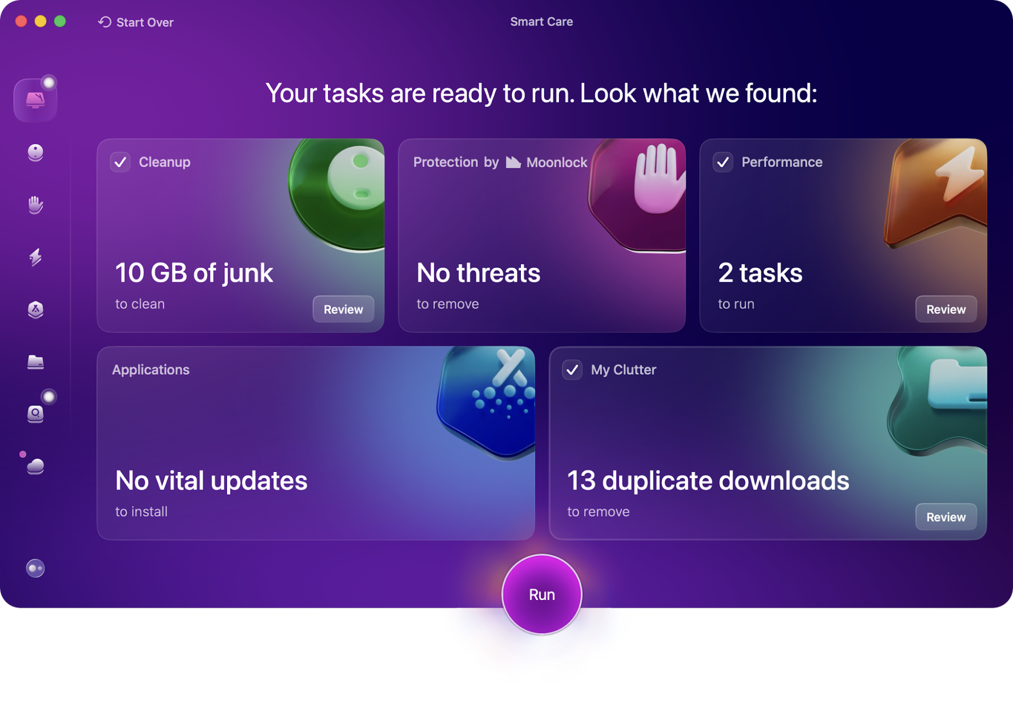 CleanMyMac Smart Care screen summarizing cleanup, protection, and performance tasks