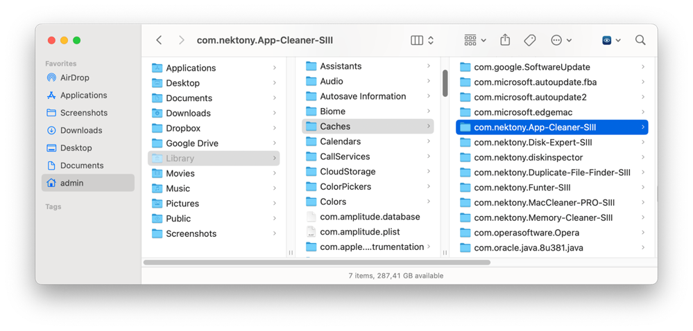 Delete the app’s service files Finder window showing the App Cleaner & Uninstaller cache folder inside Library/Caches