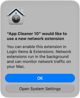 Click OK macOS prompt asking to allow App Cleaner & Uninstaller to use a new network extension
