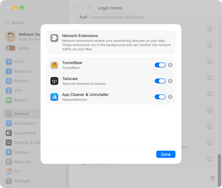 Turn on the network extension Network Extensions list in macOS System Settings with the App Cleaner & Uninstaller extension turned on