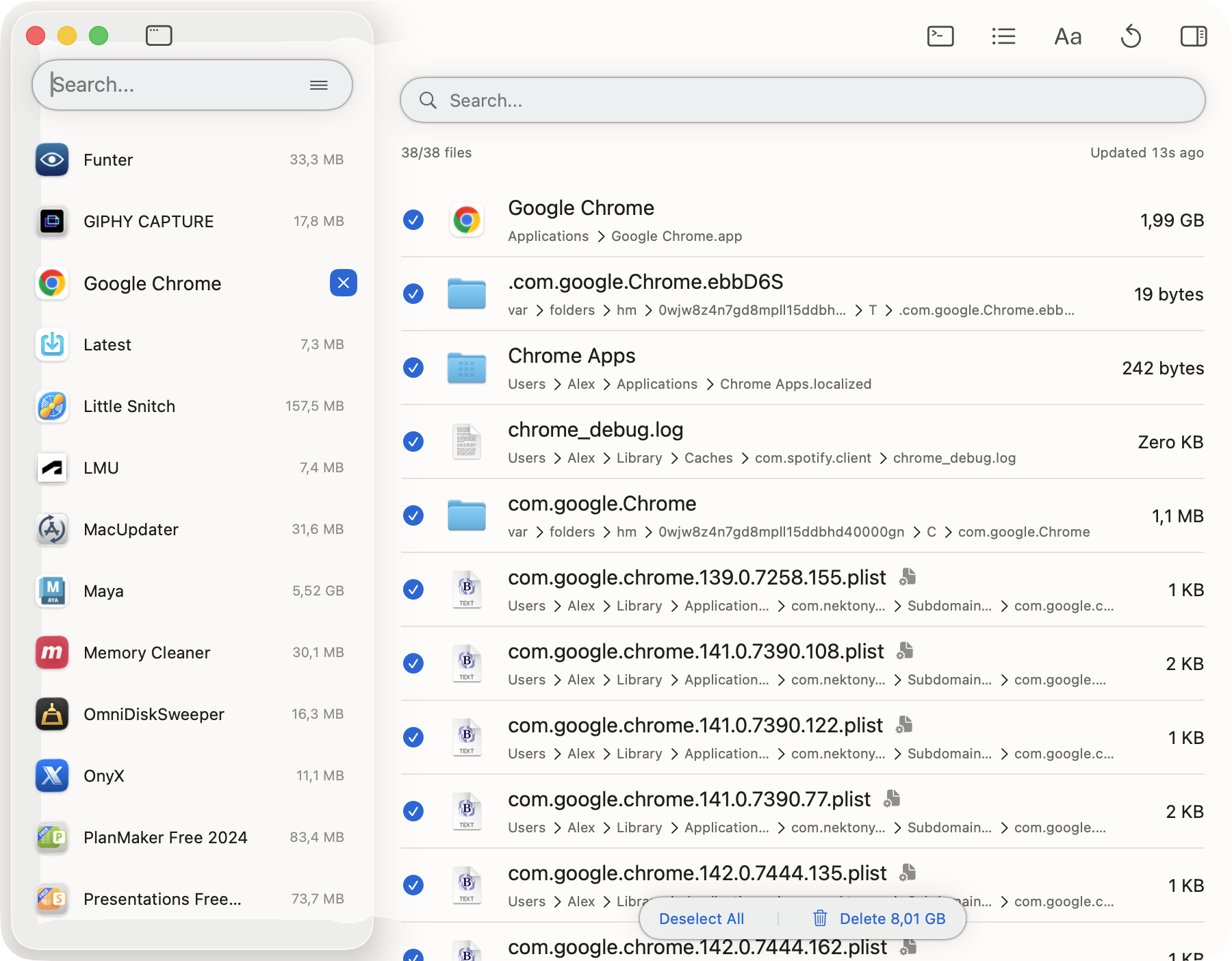 PearCleaner listing Google Chrome files selected for deletion