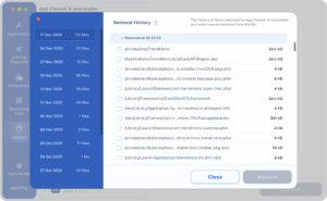Removal History window in App Cleaner and Uninstaller
