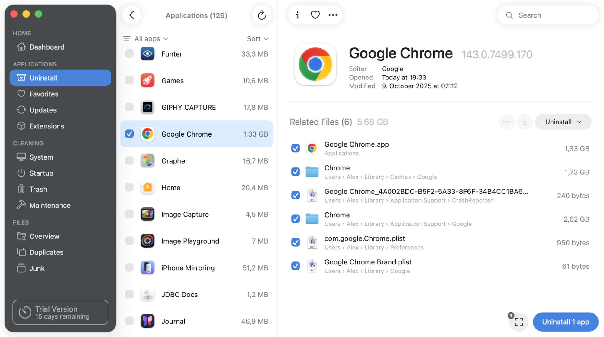 TrashMe displaying leftover files found for Google Chrome